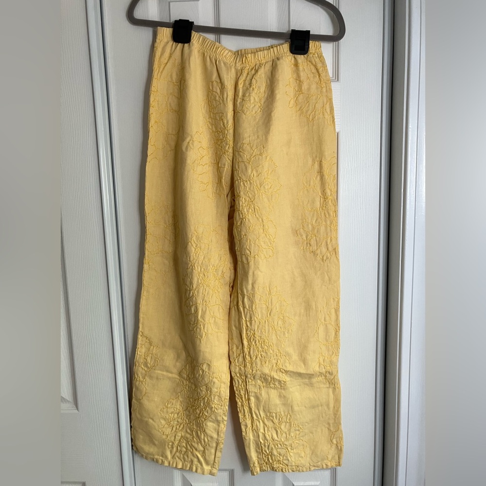 RUSS BERENS Malibu linen embroidered pants butter yellow boho Lagenlook XS